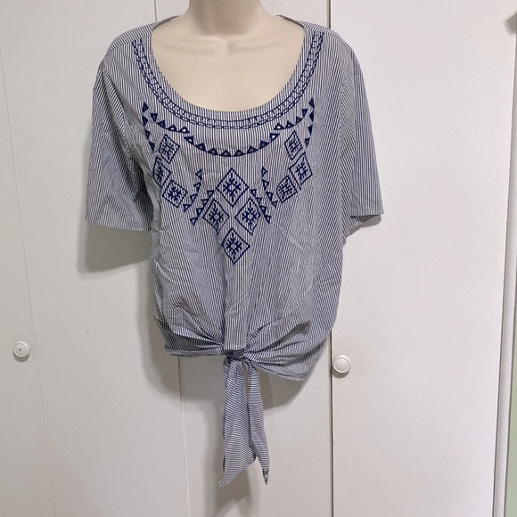 Lane Bryant Blue White Stripe Nautical Floral Embroidery Waist Women's 14 16 - Picture 2 of 16